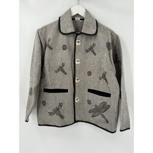 Venus Imports Jacket Womens Small Gray Black Canvas Dragonfly Print Button Front